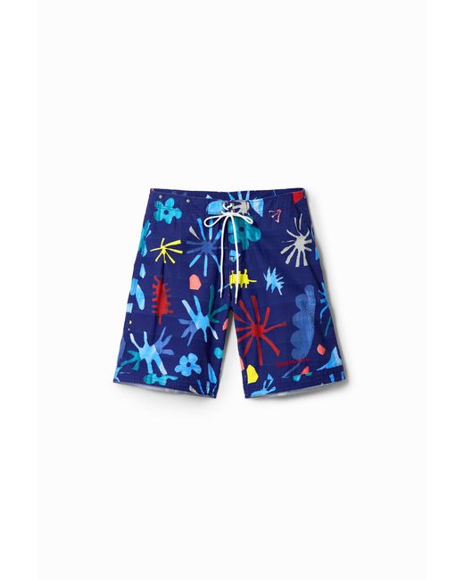 Desigual Blue Tropical Leaf Swimsuit, Polyester for men