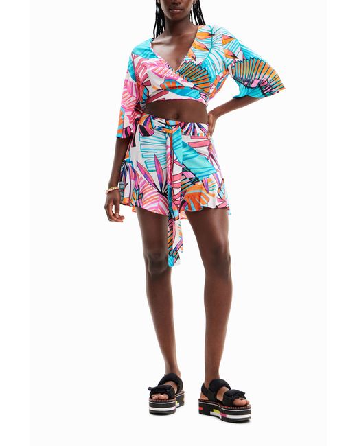 Desigual Blue Tropical Wrap Crop Top, Viscose