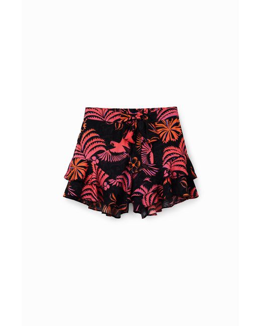 Desigual Red Tropical Ruffle Shorts, Viscose