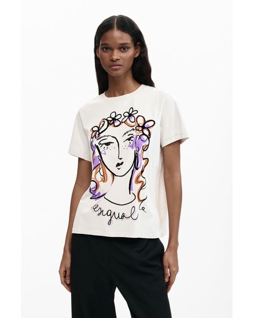 Desigual White Printed Face T-Shirt, Cotton