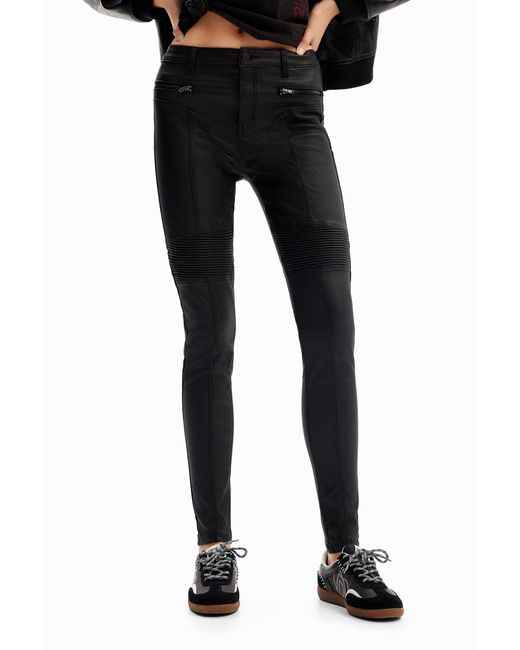 Desigual Black Slim Leather-Effect Trousers, Polyurethane