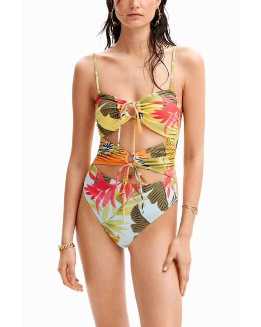 Desigual White Tropical Tie Trikini
