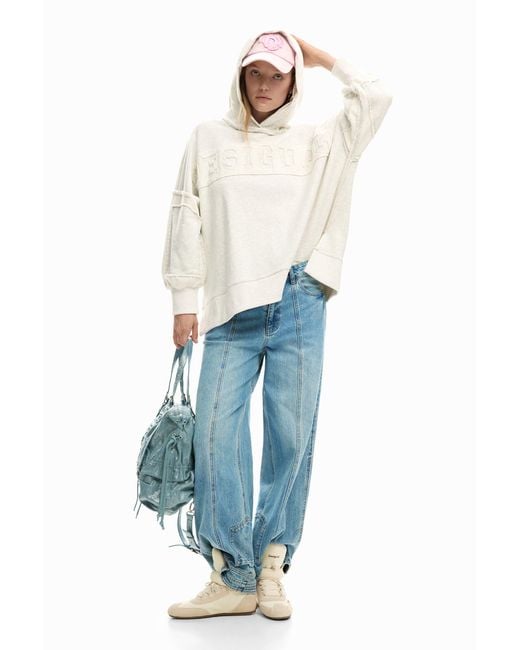 Desigual White Oversize Sweatshirt With Hood, Cotton