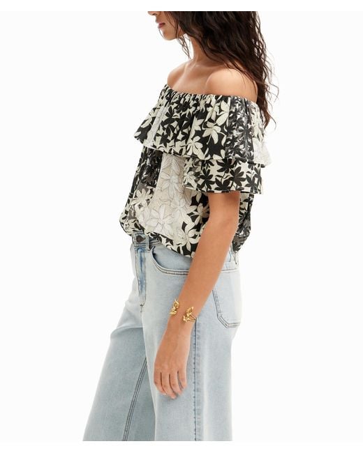 Desigual White Patchwork Floral Ruffle Blouse, Viscose