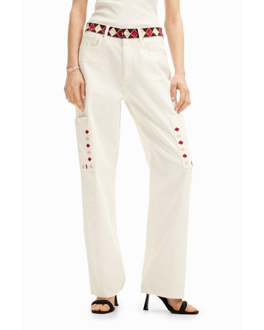 Desigual White Cropped Denim Pants With Diamond-Shaped Edges. Cotton