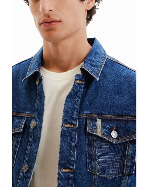 Desigual Blue Patchwork Denim Trucker Jacket, Cotton for men
