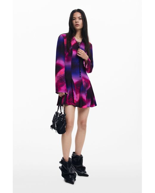 Desigual Purple Dress With Ribbon Neckline, Viscose
