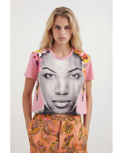 Desigual Pink Arty Beaded T-Shirt, Cotton