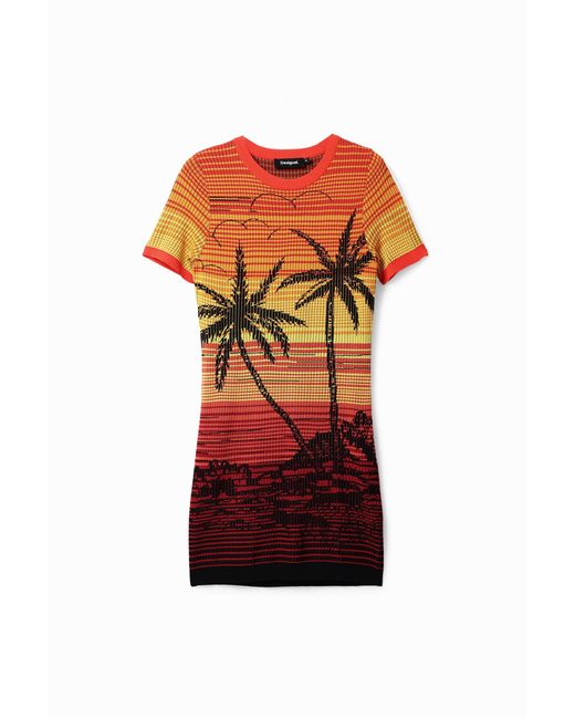 Desigual Red Short Knit Palm Tree Dress