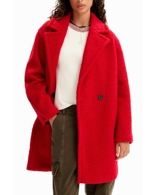 Desigual Red Double-Breasted Bouclé Coat, Polyester