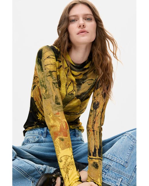 Desigual Yellow Thin Printed Sweater, Viscose