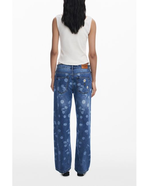 Desigual Blue Straight Jeans With Daisies, Cotton