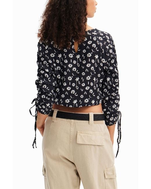 Desigual Black Short Gathered Floral Blouse, Viscose