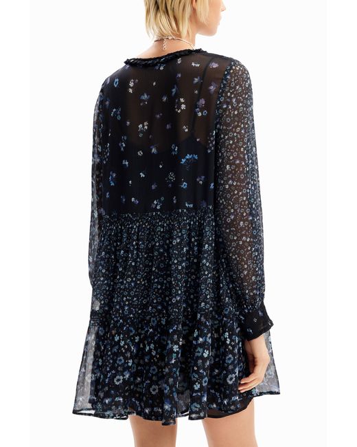 Desigual Blue Short Floral Chiffon Dress, Polyester
