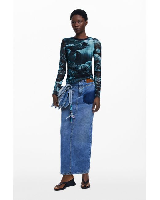 Desigual Blue Long Denim Skirt Botter, Cotton