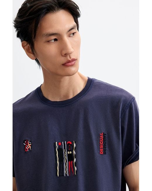 Desigual Blue Embroidered Knit T-Shirt, Cotton for men