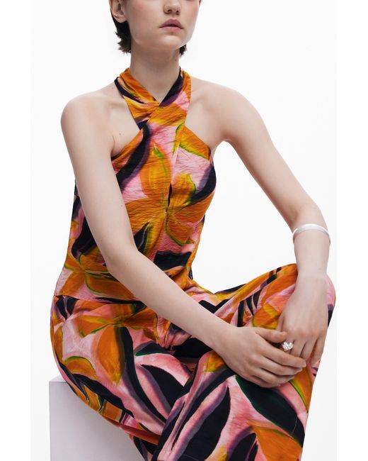 Desigual Orange Crossed Flowers T-Shirt