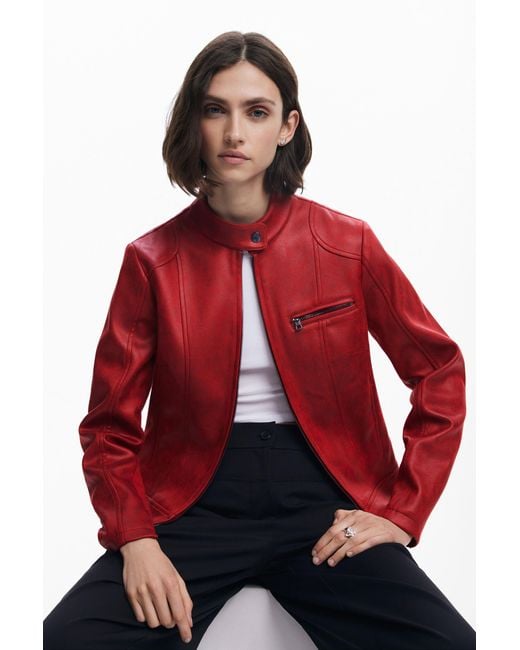 Desigual Red Mandarin Collar Jacket, Polyester
