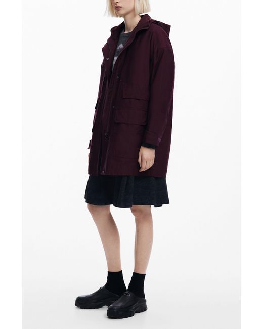 Desigual Red Floral Patch Hooded Parka