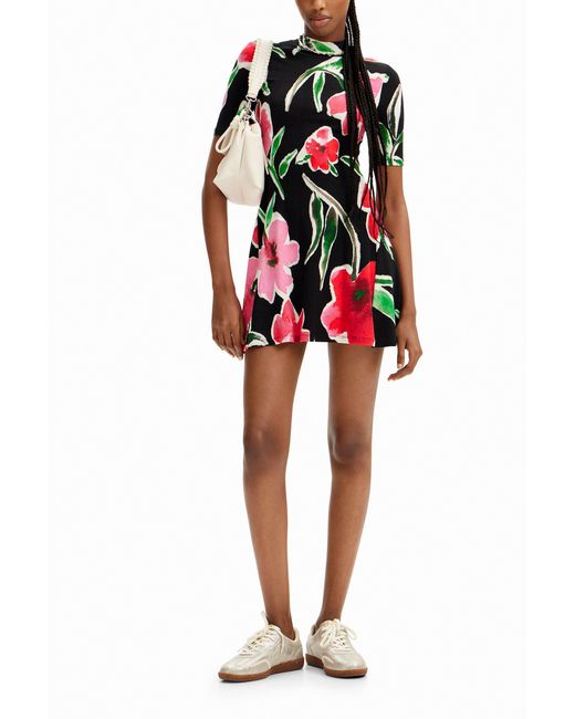 Desigual Red Short Floral Skater Dress, Viscose