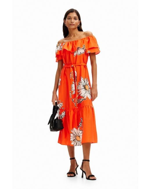 Desigual Orange Daisy Ruffle Midi Dress