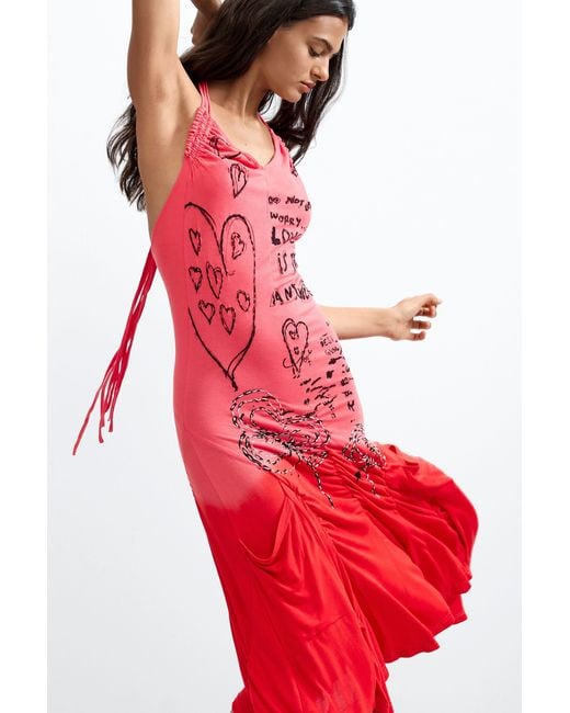 Desigual Red Vintage Halter Lettering Dress, Viscose
