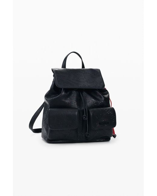 Desigual Black Perforated Small Backpack, Polyurethane