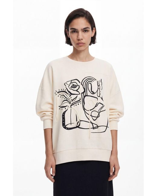 Desigual White Oversized Floral Sweatshirt, Cotton