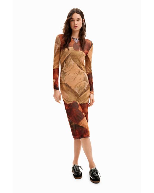 Desigual Brown Landscape Knit Midi Dress