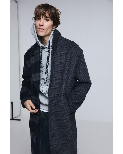 Desigual Blue Wool Bimaterial Checkered Coat for men
