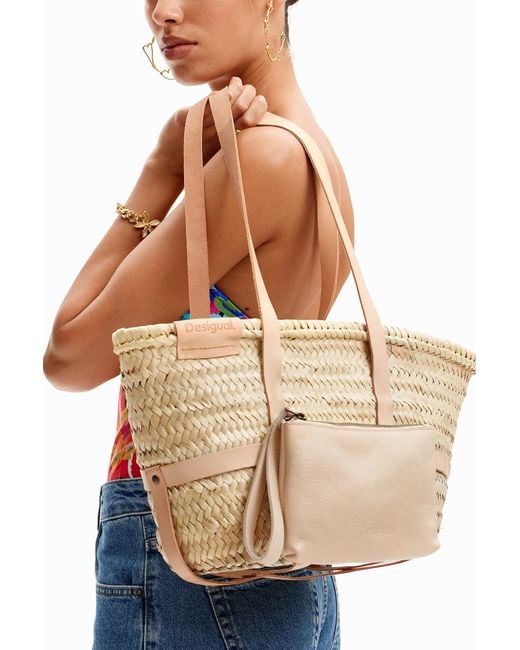 Desigual White S Leather Wicker Basket, Straw