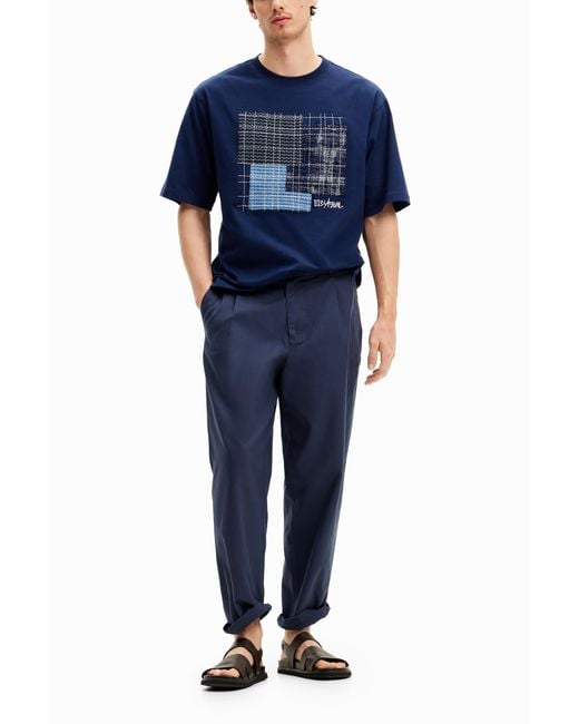 Desigual Blue T-Shirt With Central Patch, Cotton for men