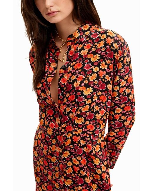 Desigual Red Short Floral Shirt Dress, Viscose