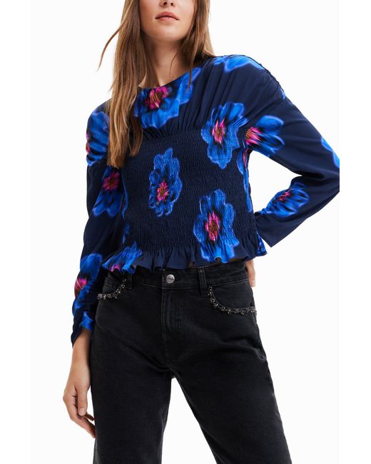 Desigual Blue Floral Ruched Blouse, Viscose