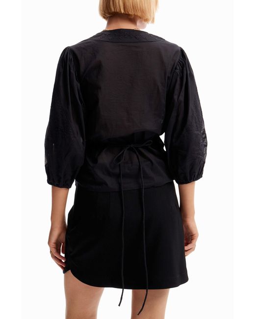 Desigual Black Embroidered Wrap Blouse, Cotton