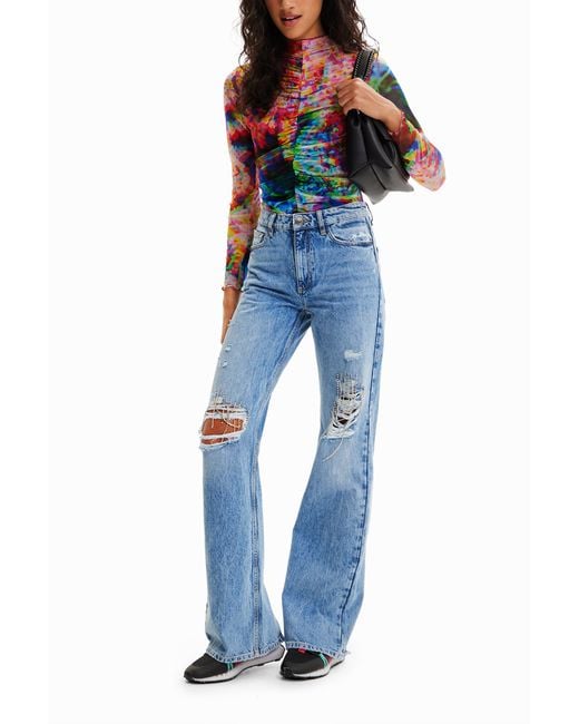 Desigual Red Ruched Floral Tulle Bodysuit, Polyester