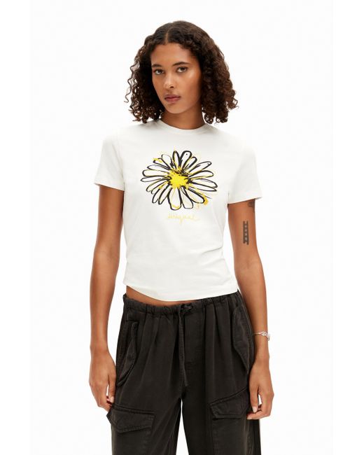 Desigual White Daisy Illustration T-shirt