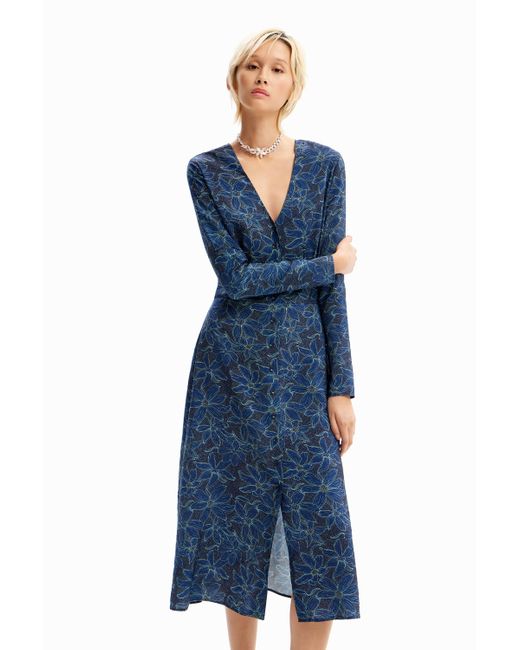 Desigual Blue Floral Midi Shirt Dress