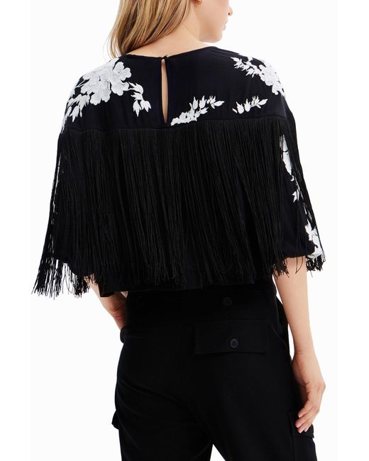 Desigual Black Fringed Embroidered Blouse, Viscose