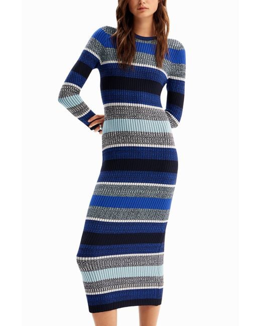 Desigual Blue Stripy Ribbed Midi Dress