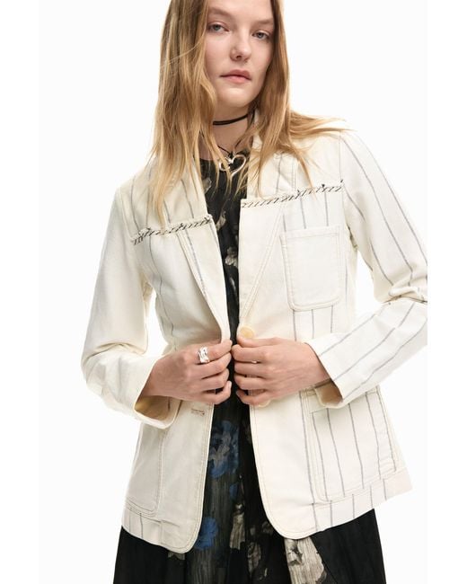 Desigual White Asymmetrical Striped Blazer, Cotton