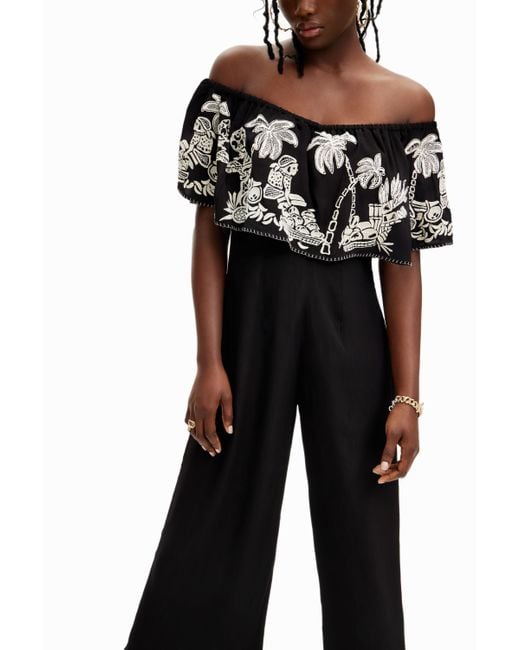 Desigual Black Stella Jean Palm Midi Jumpsuit