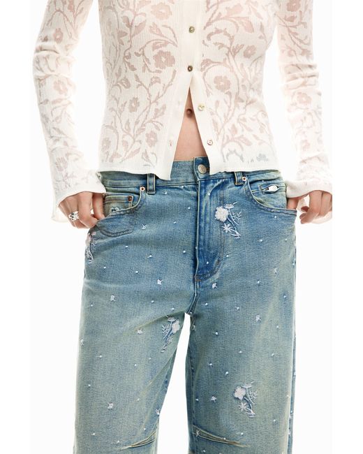 Desigual Blue Embroidered Balloon Jeans, Cotton