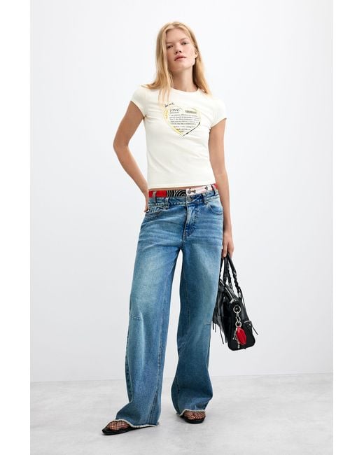 Desigual White T-Shirt With Message Print, Cotton