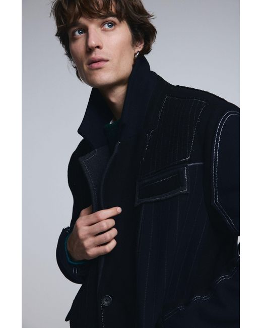 Desigual Blue Long Striped Wool Coat for men