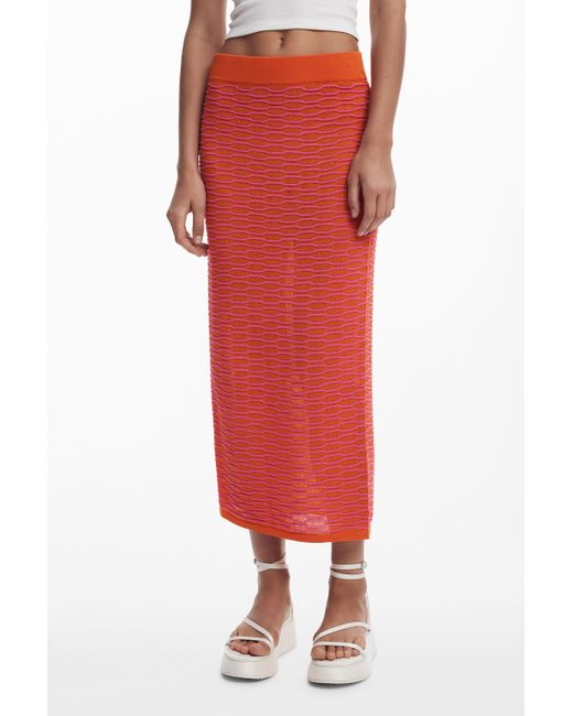 Desigual Red Wave Texture Midi Skirt