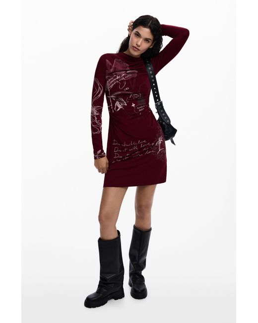 Desigual Red Long-Sleeved Knit Dress, Viscose