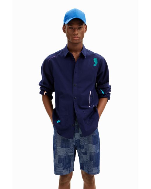 Desigual Blue Linen Patches Shirt for men