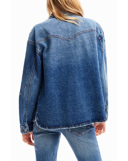 Desigual Blue Floral Denim Trucker Jacket, Cotton
