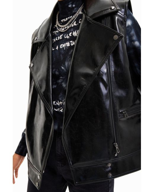 Desigual Black Oversize Biker Gilet, Polyurethane